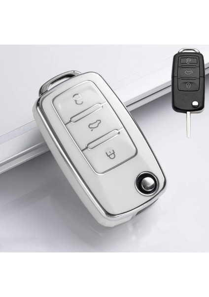 Polo Mk5 6r Parlak Sustalı Anahtar Kılıfı Kalite Beyaz Gümüş