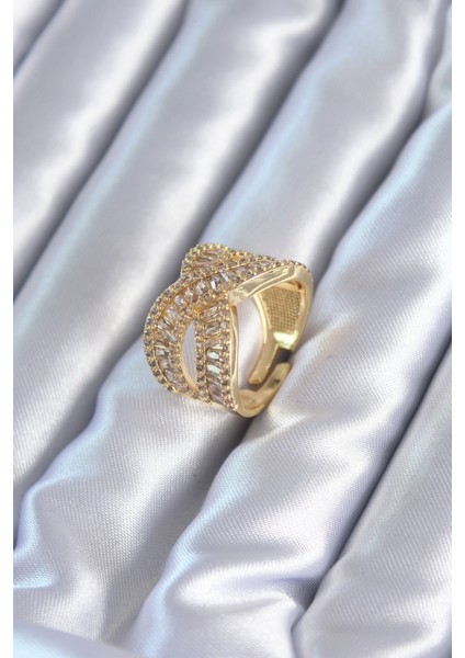 Zirkon Baget Sarmal Taşlı Gold Renk Ayarlanabilir Kadın Yüzük - TJ-BYK2795