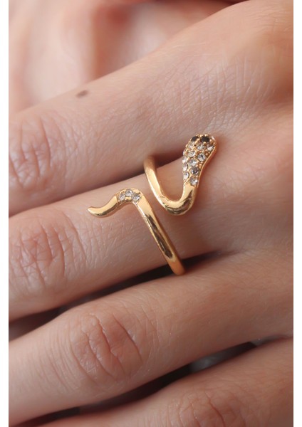 Gold Renk Yılan Model Zirkon Taş Detay Kadın Yüzük - TJ-BYK2514