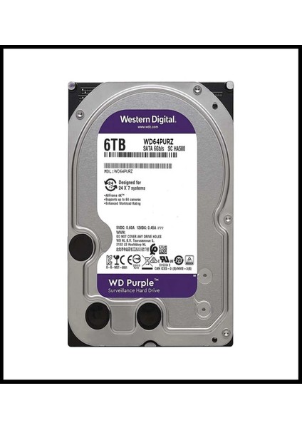 Wd Purple, 64PURZ, 3.5&quot;, 6tb, 256MB, 5400 Rpm, 7/24 Güvenlik, HDD