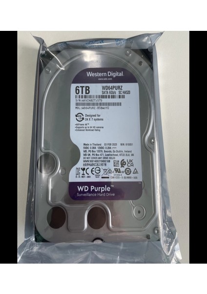 Wd Purple, 64PURZ, 3.5&quot;, 6tb, 256MB, 5400 Rpm, 7/24 Güvenlik, HDD