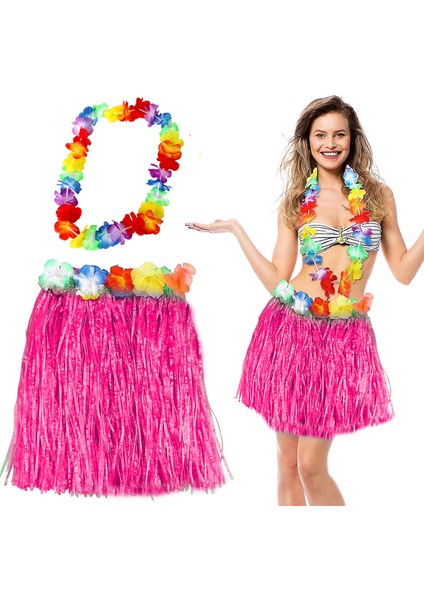 Toptan Bulurum Hawaii Luau Aloha Pembe Püsküllü 40 cm Etek ve Hawaii Kolye Seti