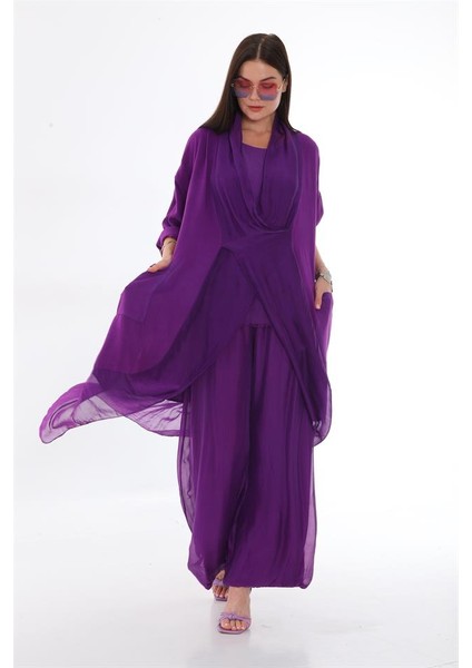 Italyan Ipek Detaylı Oversize Kap Bluz- Wes Pantolon Takım