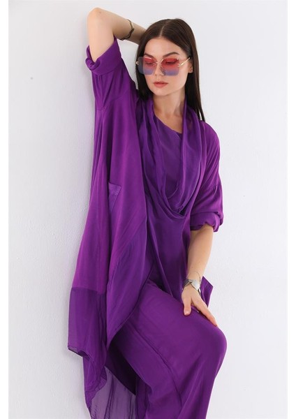 Italyan Ipek Detaylı Oversize Kap Bluz- Wes Pantolon Takım modelleri