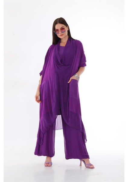 Italyan Ipek Detaylı Oversize Kap Bluz- Wes Pantolon Takım fırsatları