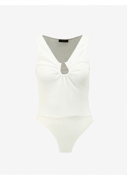 V Yaka Armürlü Kırık Beyaz Kadın Body F4SL-TST0626