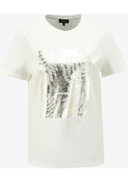 Bisiklet Yaka Varaklı Kırık Beyaz Kadın T-Shirt F4SL-TST0289