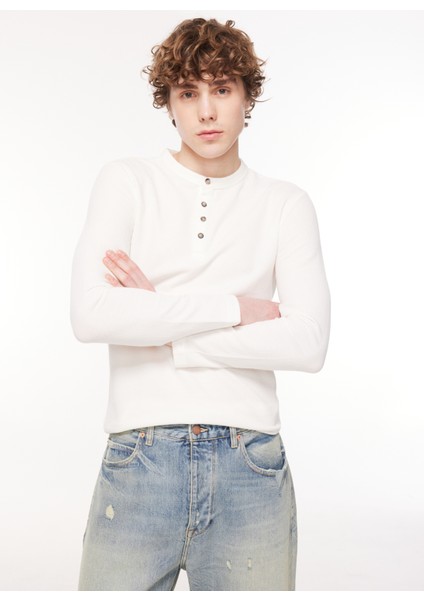 Bisiklet Yaka Beyaz Erkek T-Shirt DT10495_SLIM Fit Uzun Kollu Yarım