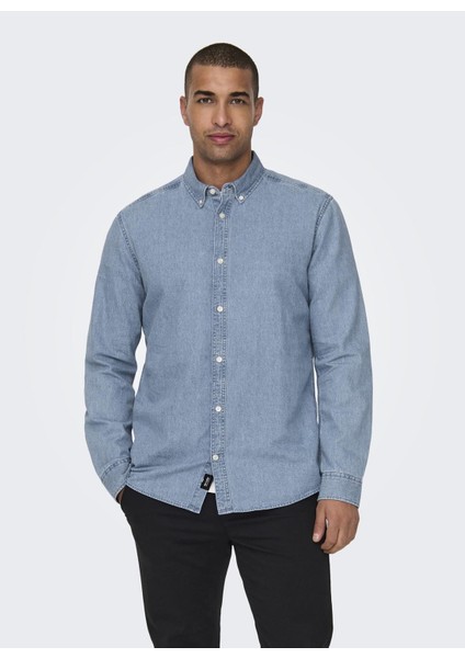 Normal Mavi - Buz Düz Erkek Gömlek Onsday Reg Btn Down Chambray Ls Shı