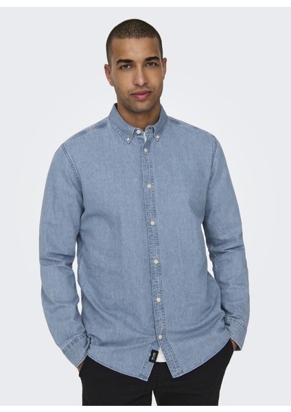 Normal Mavi - Buz Düz Erkek Gömlek Onsday Reg Btn Down Chambray Ls Shı