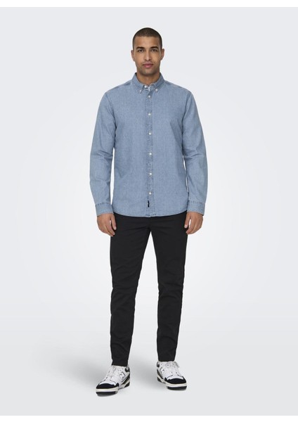 Normal Mavi - Buz Düz Erkek Gömlek Onsday Reg Btn Down Chambray Ls Shı
