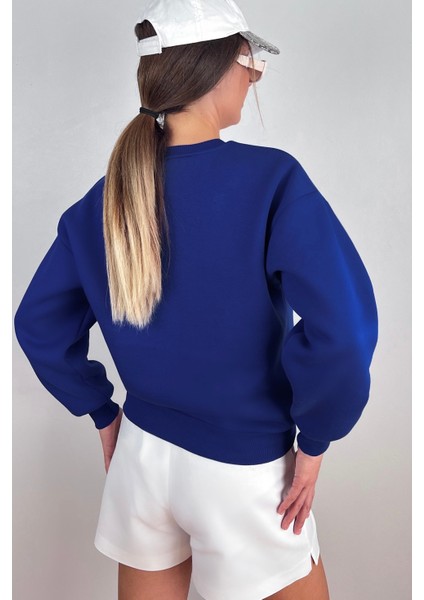 Kadın Cozy Içi Polarlı Saks Mavi Basic Bisiklet Yaka Pamuklu Kalın Örme Sweatshirt