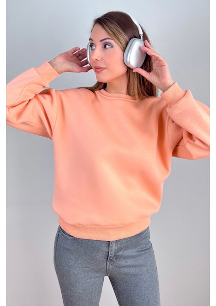 Kadın Cozy Içi Polarlı Somon Basic Bisiklet Yaka Pamuklu Kalın Örme Sweatshirt