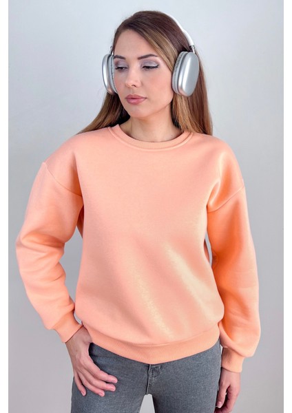 Kadın Cozy Içi Polarlı Somon Basic Bisiklet Yaka Pamuklu Kalın Örme Sweatshirt