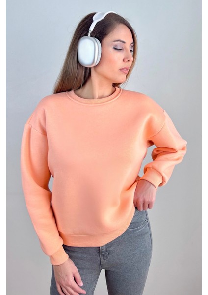 Kadın Cozy Içi Polarlı Somon Basic Bisiklet Yaka Pamuklu Kalın Örme Sweatshirt