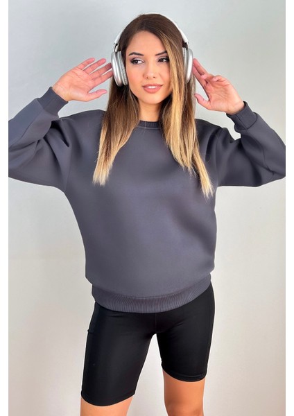 Kadın Cozy Içi Polarlı Füme Basic Bisiklet Yaka Pamuklu Kalın Örme Sweatshirt