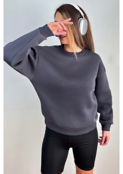 Kadın Cozy Içi Polarlı Füme Basic Bisiklet Yaka Pamuklu Kalın Örme Sweatshirt