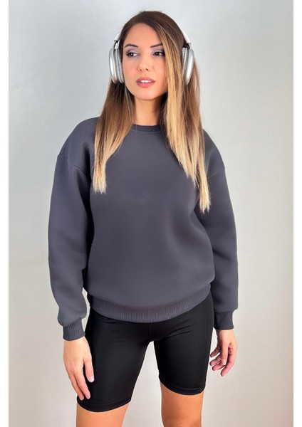 Kadın Cozy Içi Polarlı Füme Basic Bisiklet Yaka Pamuklu Kalın Örme Sweatshirt