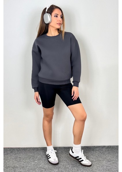 Kadın Cozy Içi Polarlı Füme Basic Bisiklet Yaka Pamuklu Kalın Örme Sweatshirt