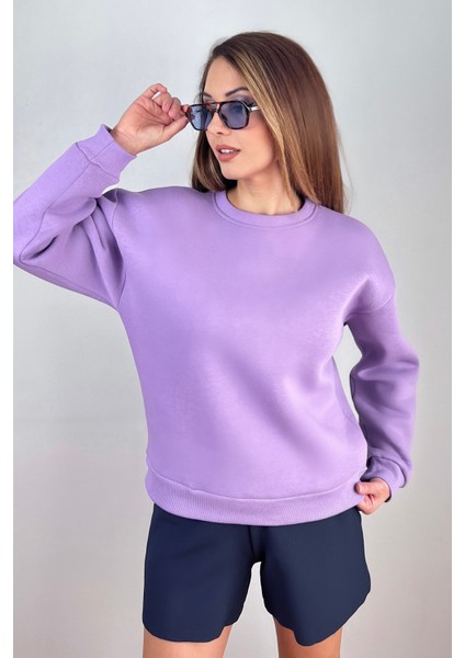 Kadın Cozy Içi Polarlı Mor Basic Bisiklet Yaka Pamuklu Kalın Örme Sweatshirt