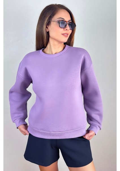 Kadın Cozy Içi Polarlı Mor Basic Bisiklet Yaka Pamuklu Kalın Örme Sweatshirt