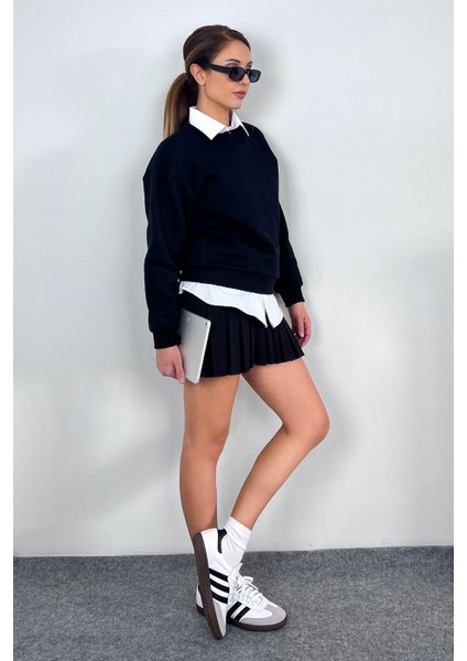 Kadın Cozy Içi Polarlı Siyah Basic Bisiklet Yaka Pamuklu Kalın Örme Sweatshirt