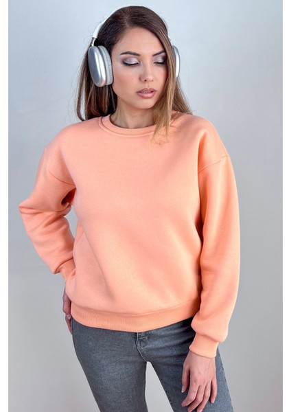 Kadın Cozy Içi Polarlı Somon Basic Bisiklet Yaka Pamuklu Kalın Örme Sweatshirt