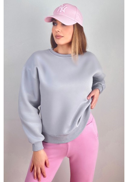 Kadın Cozy Içi Polarlı Gri Basic Bisiklet Yaka Pamuklu Kalın Örme Sweatshirt