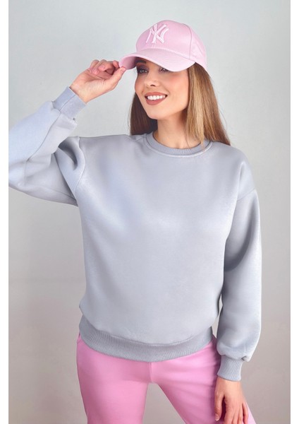 Kadın Cozy Içi Polarlı Gri Basic Bisiklet Yaka Pamuklu Kalın Örme Sweatshirt