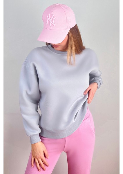 Kadın Cozy Içi Polarlı Gri Basic Bisiklet Yaka Pamuklu Kalın Örme Sweatshirt