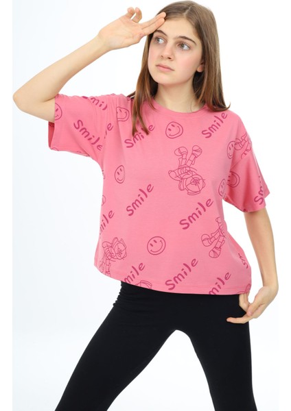 Pembe Smile Baskılı Bisiklet Yaka Kız Çocuk T-Shirt 17766