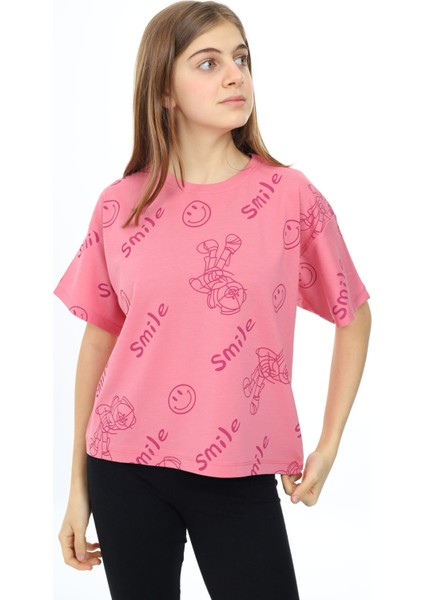 Pembe Smile Baskılı Bisiklet Yaka Kız Çocuk T-Shirt 17766