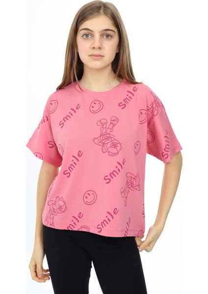 Pembe Smile Baskılı Bisiklet Yaka Kız Çocuk T-Shirt 17766