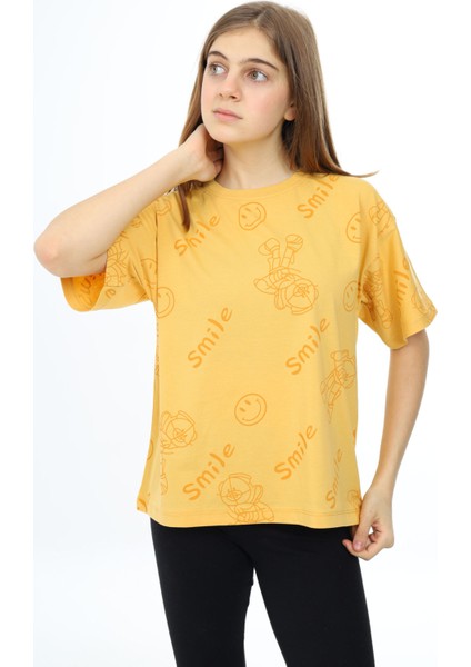 Hardal Smile Baskılı Bisiklet Yaka Kız Çocuk T-Shirt 17767