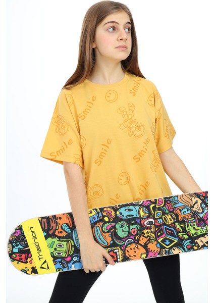 Hardal Smile Baskılı Bisiklet Yaka Kız Çocuk T-Shirt 17767 modelleri