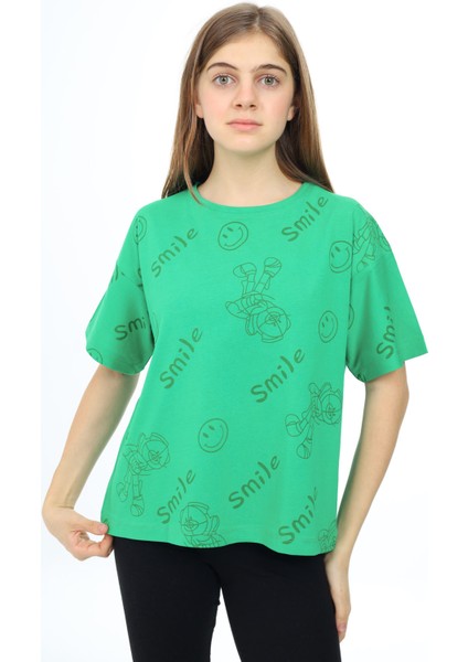 Yeşil Smile Baskılı Bisiklet Yaka Kız Çocuk T-Shirt 17763