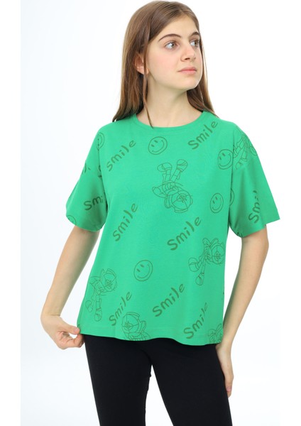 Yeşil Smile Baskılı Bisiklet Yaka Kız Çocuk T-Shirt 17763 fiyatları