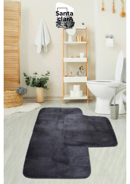 80X120 + 80X50 Antrasit Banyo Paspas Takımı Peluş Kaymaz Taban Yıkanabilir