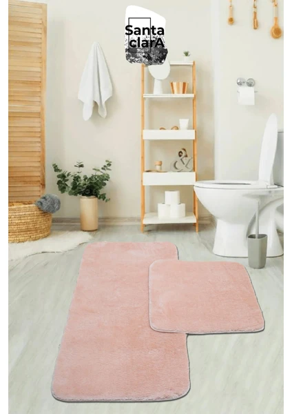 Santa Clara 80X120 + 80X50 Pembe Banyo Paspas Takımı Peluş Kaymaz Taban Yıkanabilir