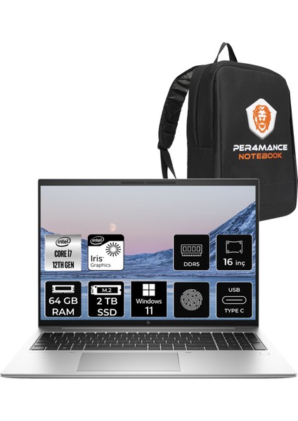 Elitebook 860 G9 Intel Core I7 1255U 64GB 2tb SSD 16'' Fhd+ W11H Taşınabilir Bilgisayar 6F5W9EA & Per4 Çanta 6F5W9EA200