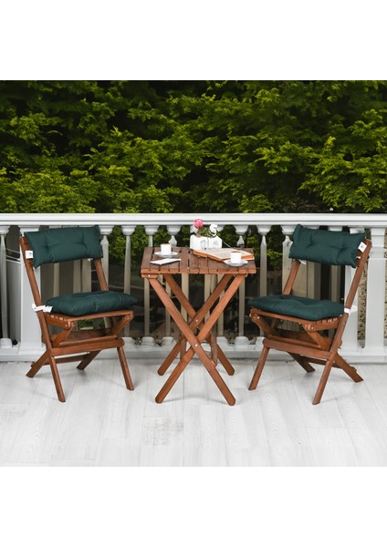 Ahşap Katlanır Minderli 3 Lü Bistro Set Mutfak Balkon Bahçe Masa Sandalye Seti (Ceviz-Yeşil)