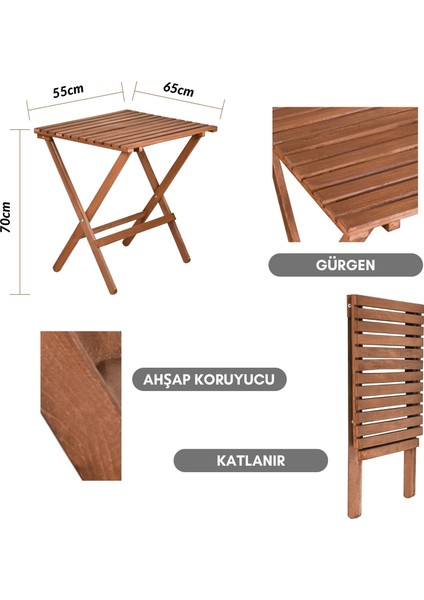 Ahşap Katlanır Minderli 3 Lü Bistro Set Mutfak Balkon Bahçe Masa Sandalye Seti (Ceviz-Gri)