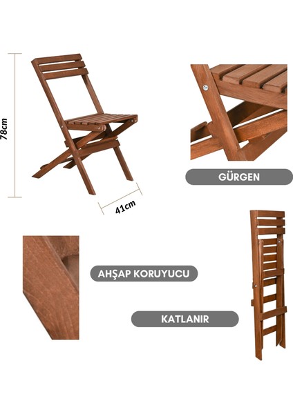 Ahşap Katlanır Minderli 3 Lü Bistro Set Mutfak Balkon Bahçe Masa Sandalye Seti (Ceviz-Gri)