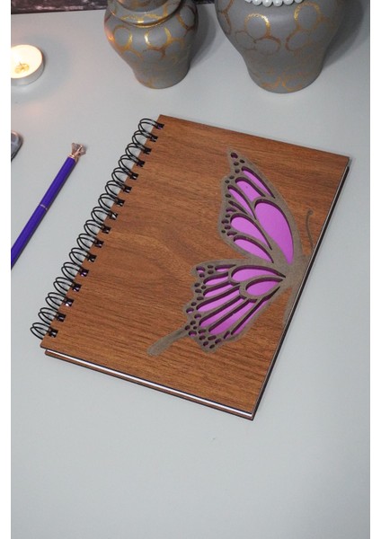 Kelebek Desenli Ahşap Kapaklı Defter Ajanda Günlük Çizgisiz Okul Defteri