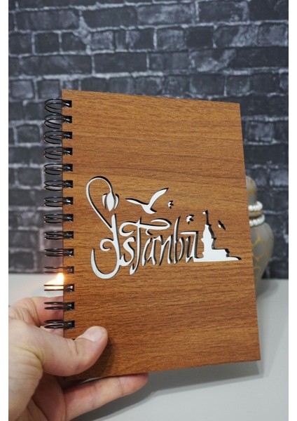Istanbul Desenli Ahşap Kapaklı Defter Notebook Günlük Çizgisiz Anı Defteri