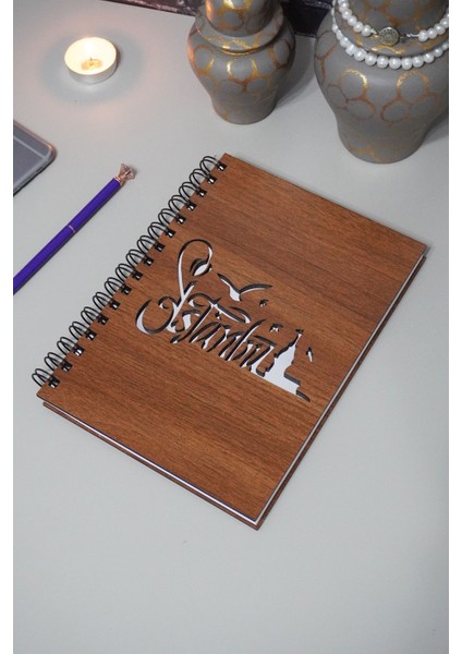 Istanbul Desenli Ahşap Kapaklı Defter Notebook Günlük Çizgisiz Anı Defteri