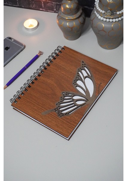 Kelebek Desenli Ahşap Kapaklı Defter Günlük Anı Defteri lik