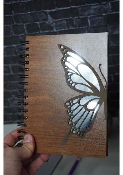 Kelebek Desenli Ahşap Kapaklı Defter Günlük Anı Defteri lik modelleri