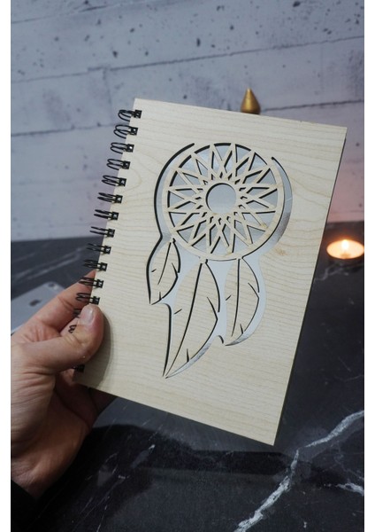 Rüya Kapanı Desenli Ahşap Kapaklı Defter Ajanda Günlük Çizgisiz Defter A5 Resim Defteri