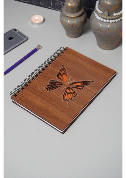 Kelebek Desenli Ahşap Defter Ajanda Günlük Çizgisiz Defter A5 Notebook